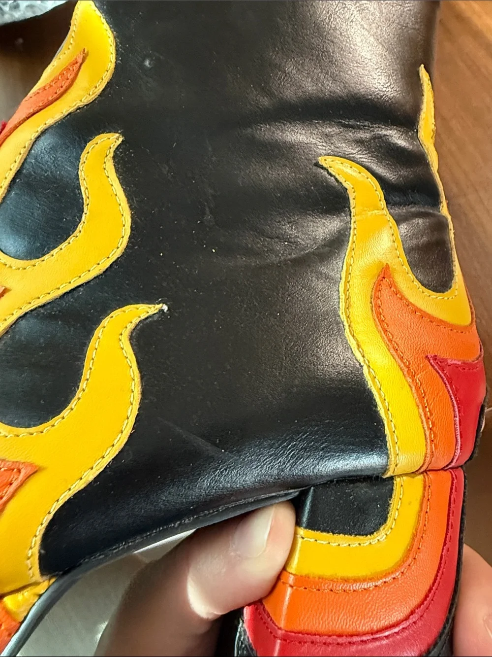Dolls Kill Black Platform Ankle Boots with Red & Yellow Flame Appliqués
